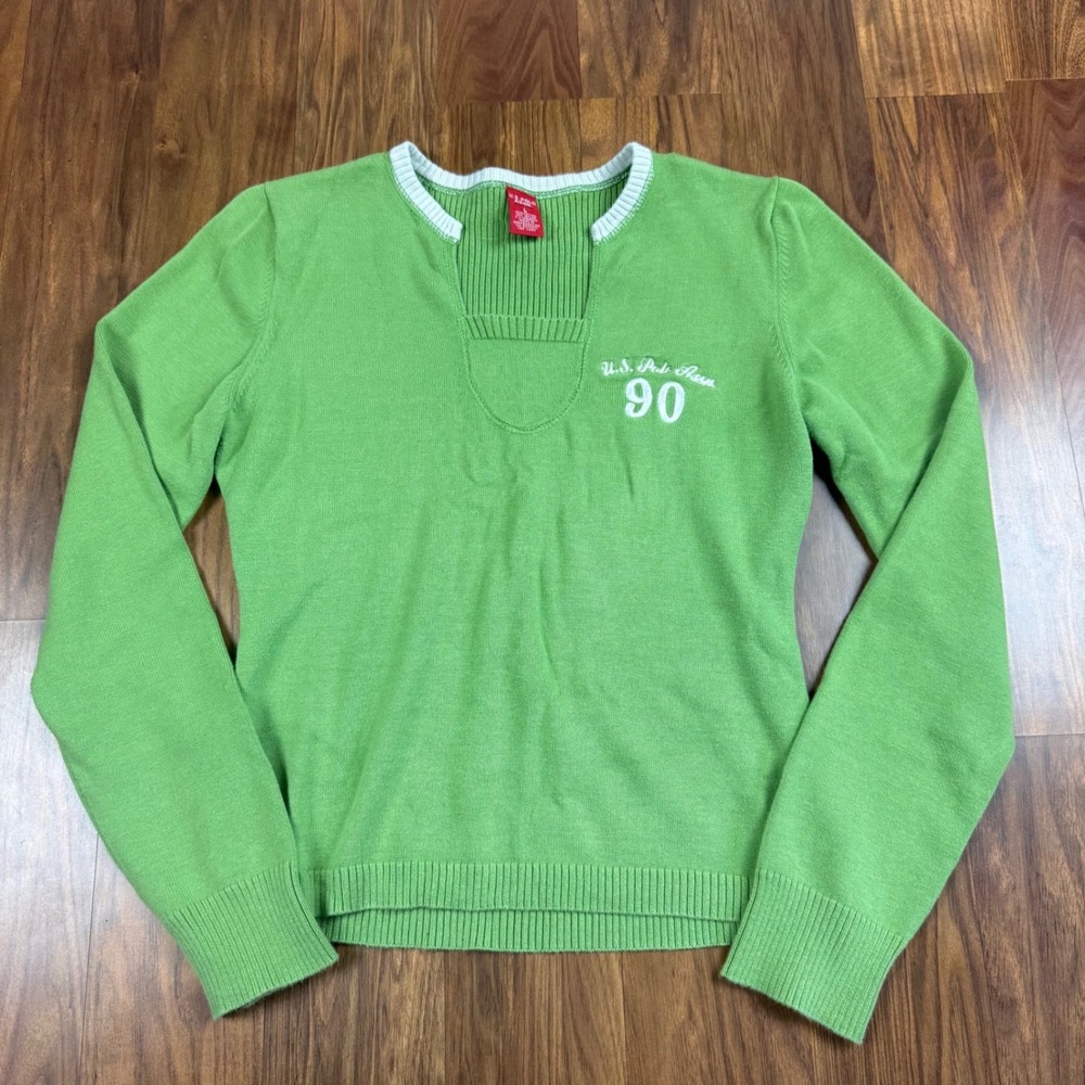 Y2K US Polo Assn Green Ribbed Knit Sweater Embroidered 90 Logo Size L Preppy 90s